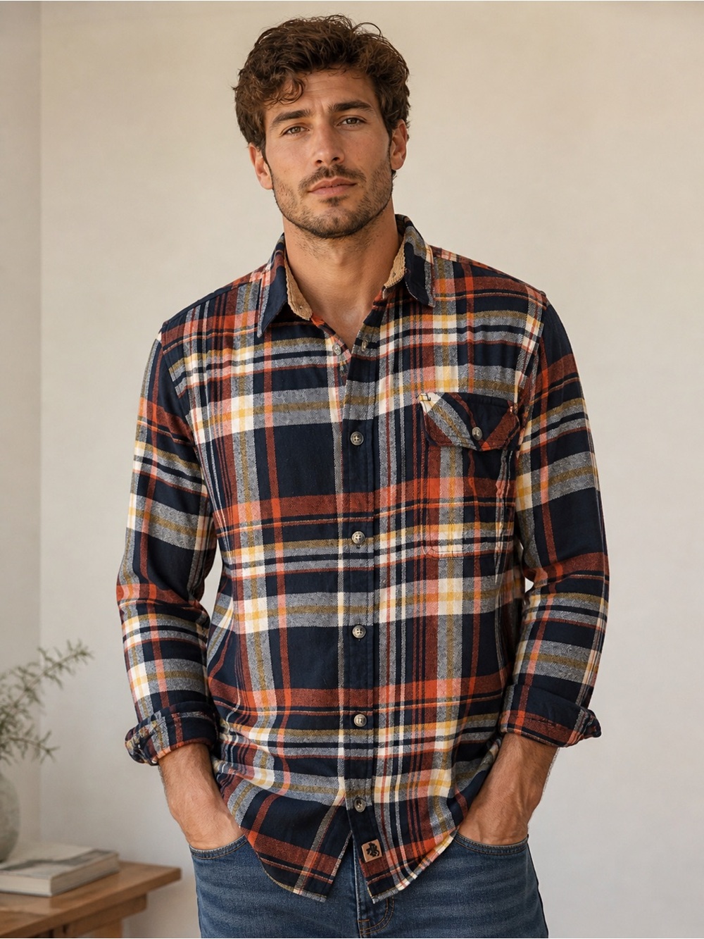 Legendary Whitetails Men’s Navy, Orange & Cream Plaid Button-Down Shirt